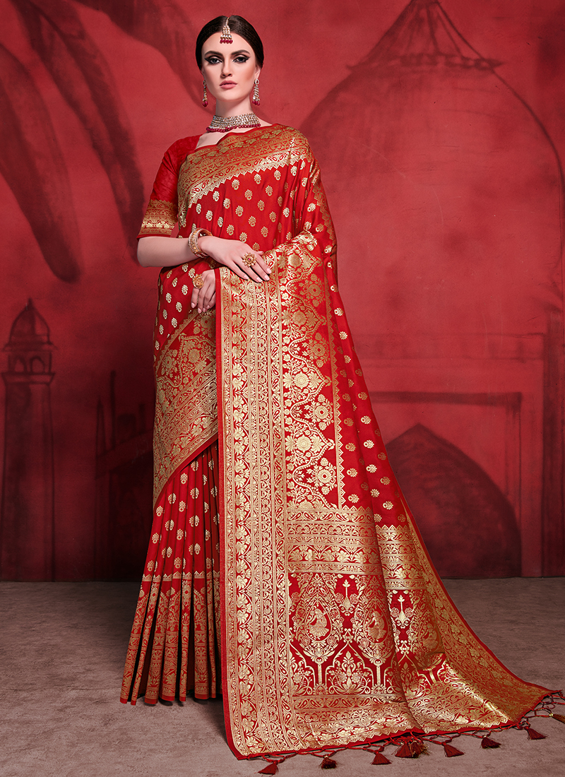 Buy Banarasi Silk Red Wedding Wear Weaving Saree Online From Wholesale