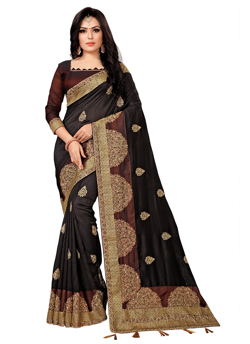 Buy Black Vichitra Wedding Wear Embroidery Work Saree Online From