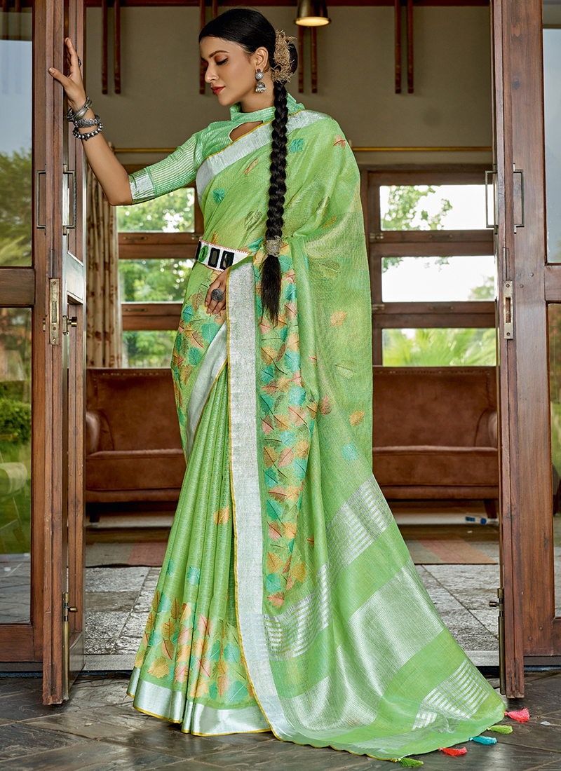 Buy Pista Green Linen Traditional Wear Weaving Saree Online From