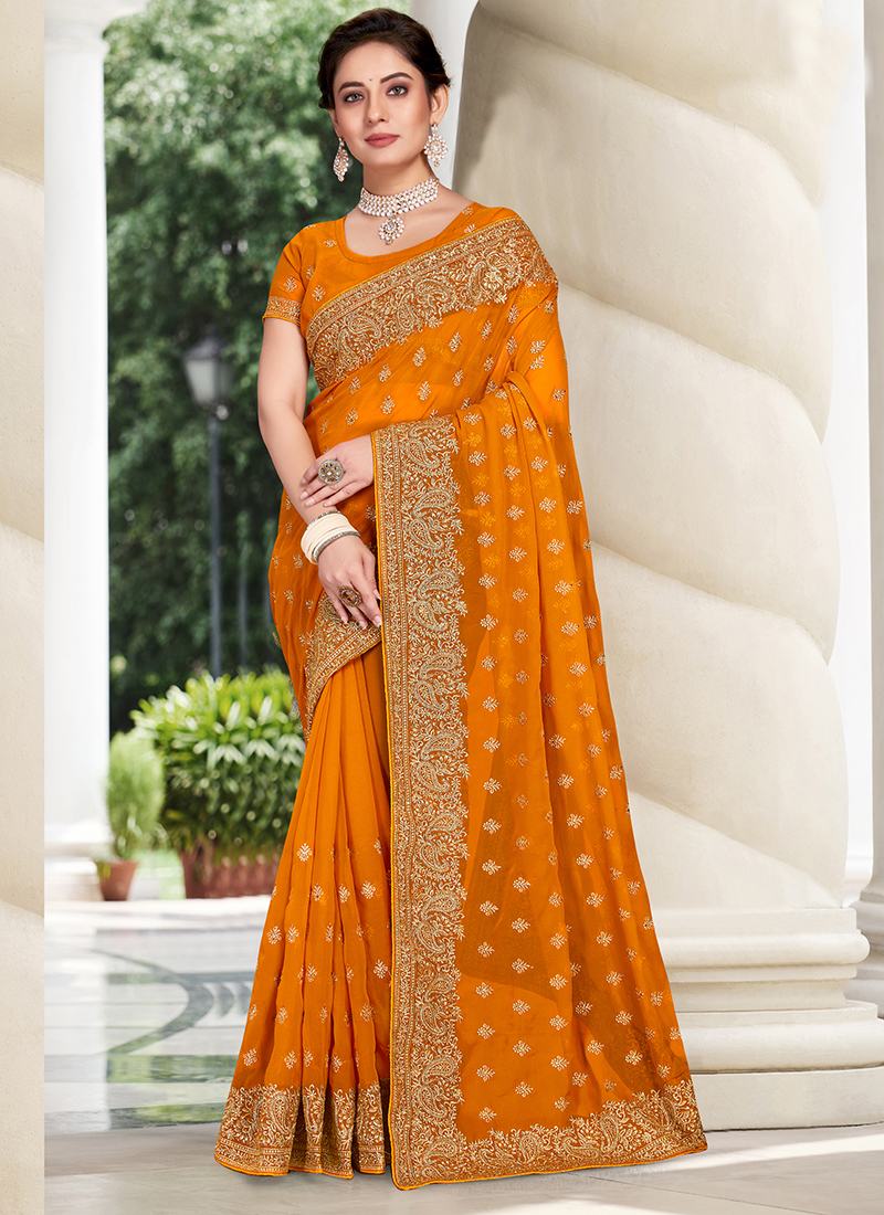 Buy Mustered Georgette Festival Wear Embroidery Work Saree Online From