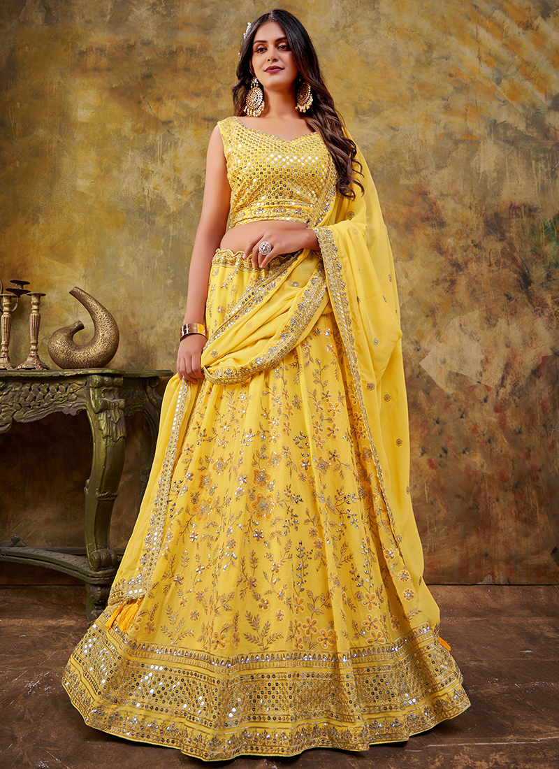 Buy Yellow Georgette Wedding Wear Embroidery Work Lehenga Choli Online