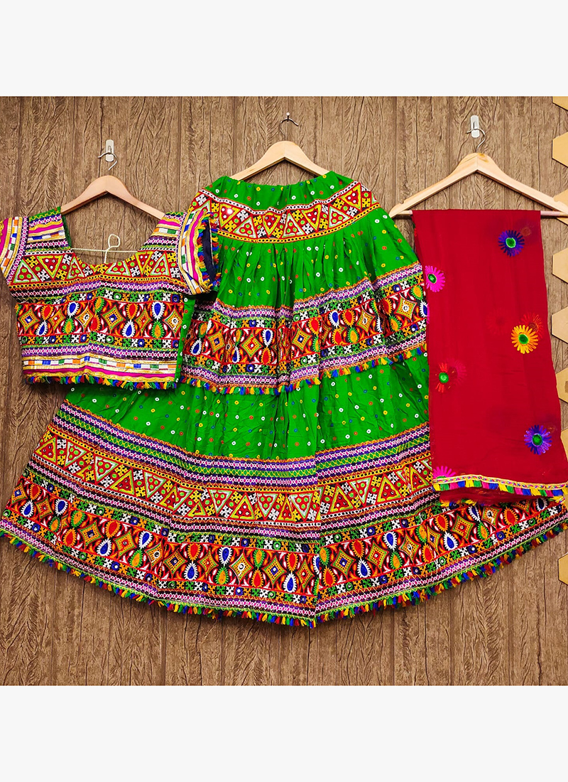 Buy Green Red Rayon Cotton Navratri Wear Mirror Work Lehenga Choli