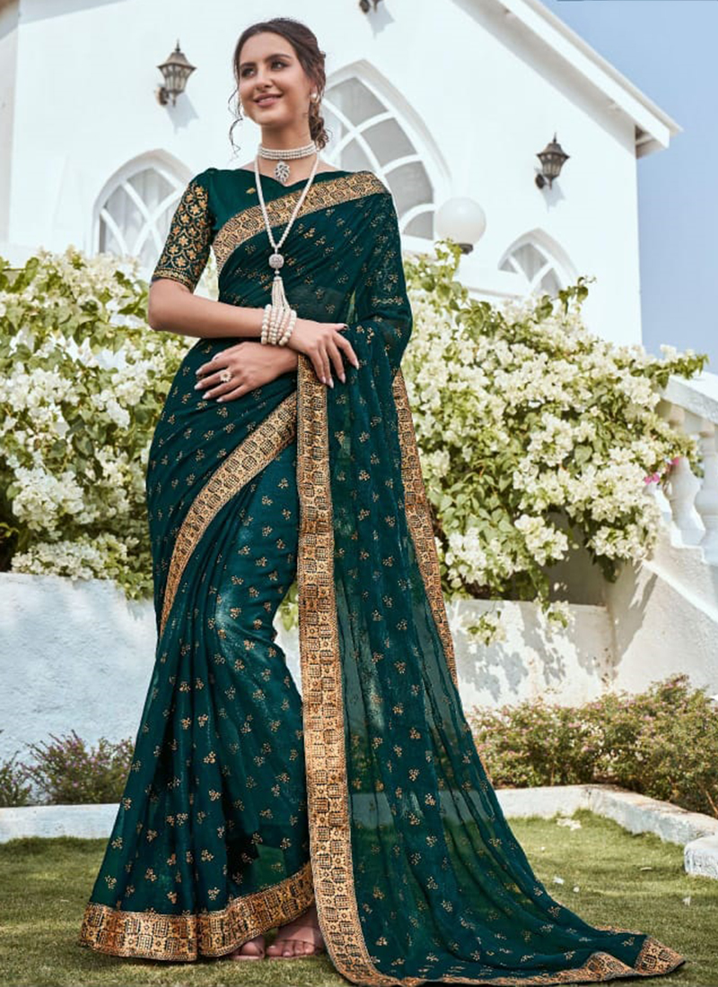 Buy Green Shimmer Party Wear Mirror Work Saree Online From Wholesale