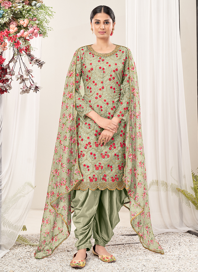 Buy Pista Green Net Traditional Wear Embroidery Work Patiyala Suit