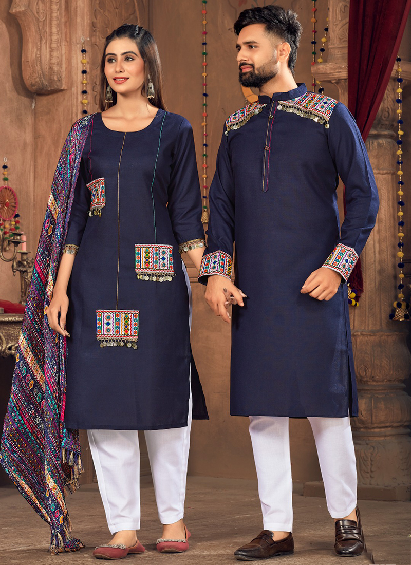 Buy Navy Blue Pure Cotton Navratri Wear Embroidery Work Couple Kurta