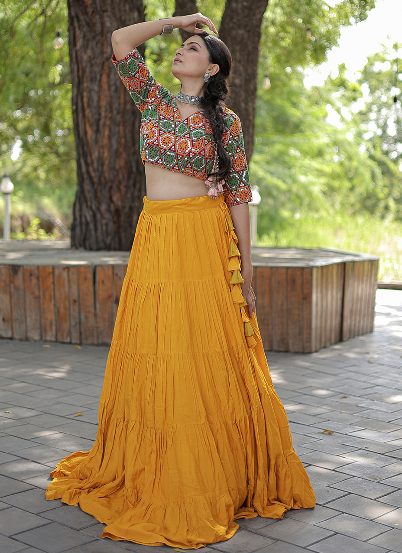 Buy Mustard Rayon Navratri Wear Thread Work Ready To Wear Lehenga Choli