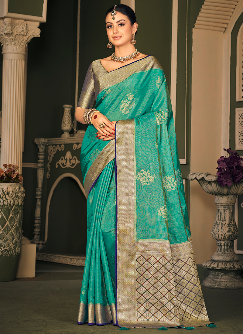 Buy Rama Blue Tissue Silk Wedding Wear Weaving Saree Online From