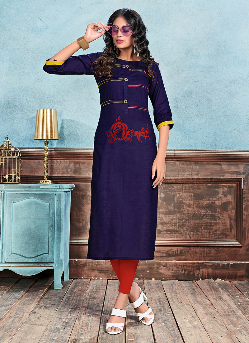 Buy Cotton Navy Blue Aplic Work Regular Wear Kurti Online From Wholesale  Salwar.