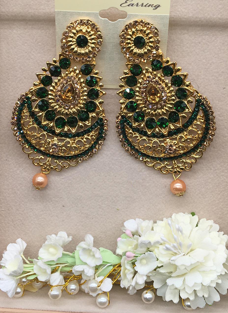 Buy Green And Red Tone Chandabali Heavy Kundan Earrings With Pearls