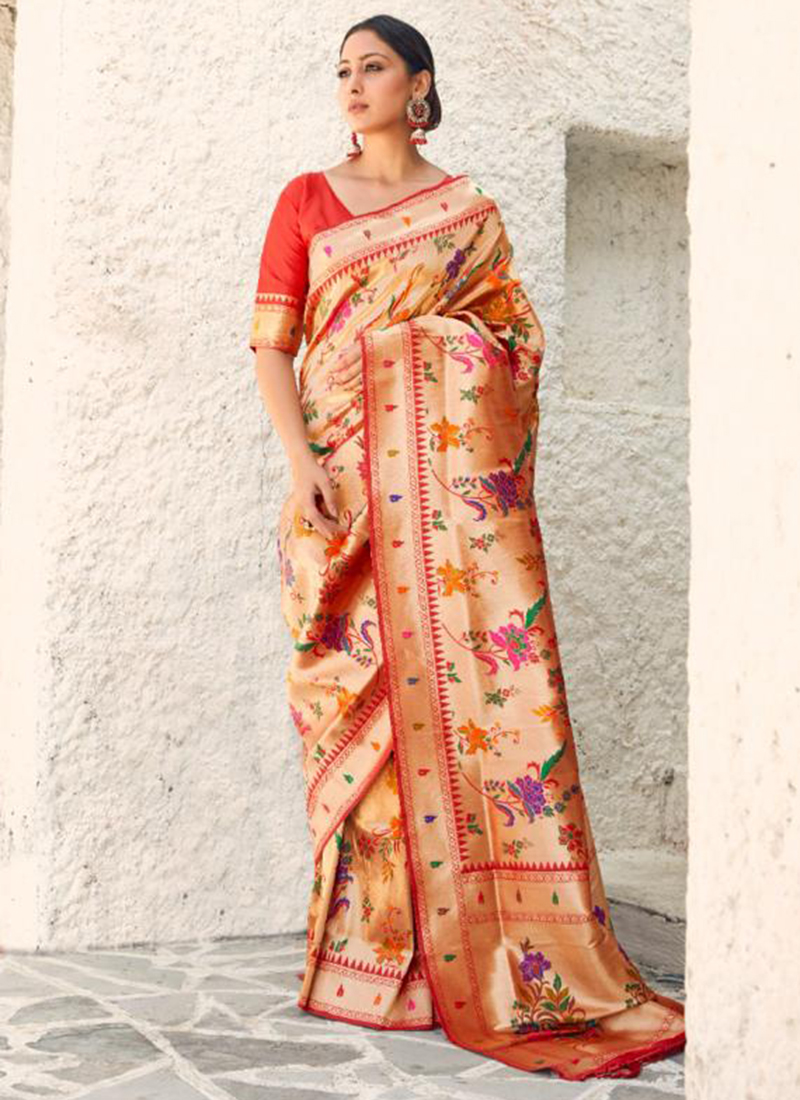 Buy Beige Pure Silk Wedding Wear Weaving Stylish Saree Online ...
