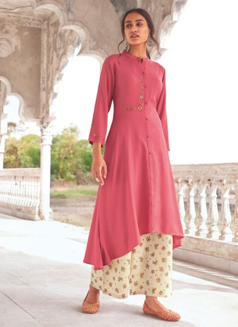 Buy Light Pink Modal Khadi Festival Wear Embroidery Work Kurti With ...