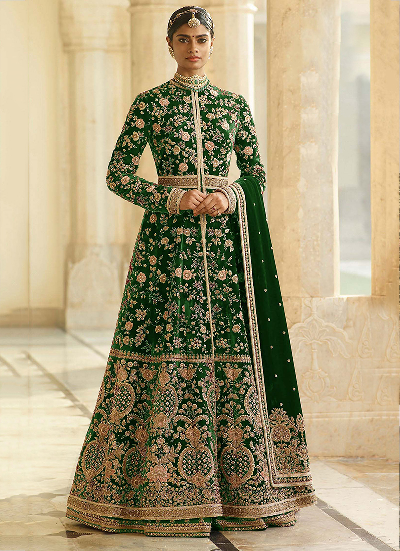 Dark Green Designer Heavy Embroidered Velvet Bridal Wear Lehenga Choli