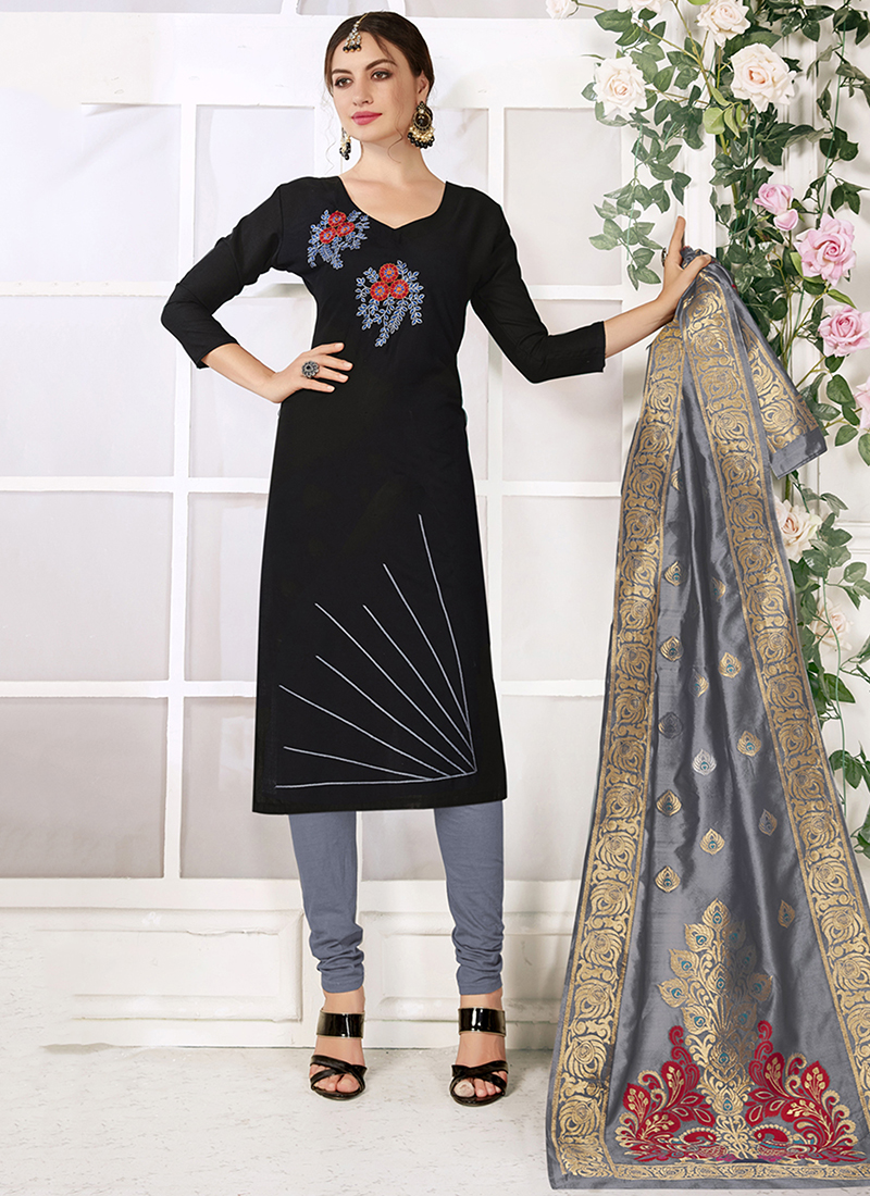 Buy Navy Blue Cotton Casual Wear Embroidery Work Churidar Suit Online From  Wholesale Salwar.