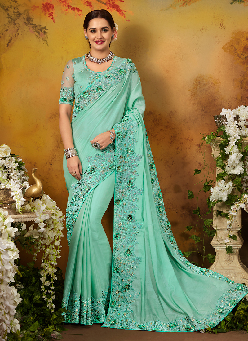 Buy Pista Green Silk Party Wear Embroidery Work Saree Online From ...