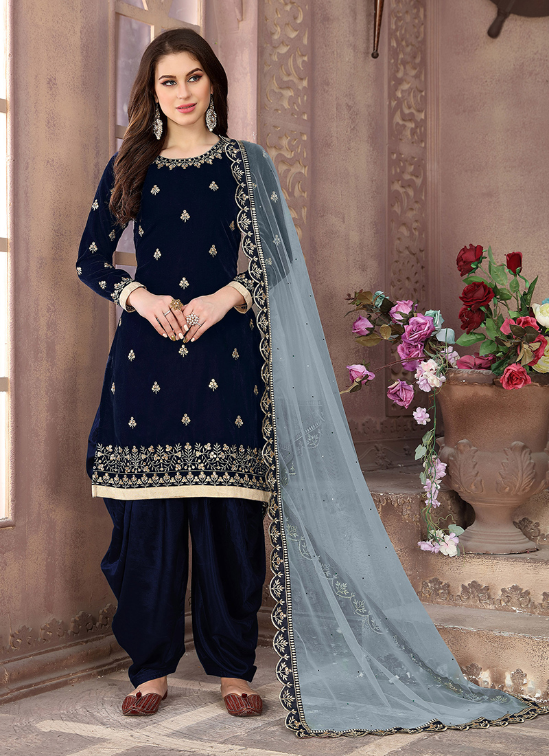 Buy Navy Blue Velvet Traditional Wear Embroidery Work Patiala Suit ...