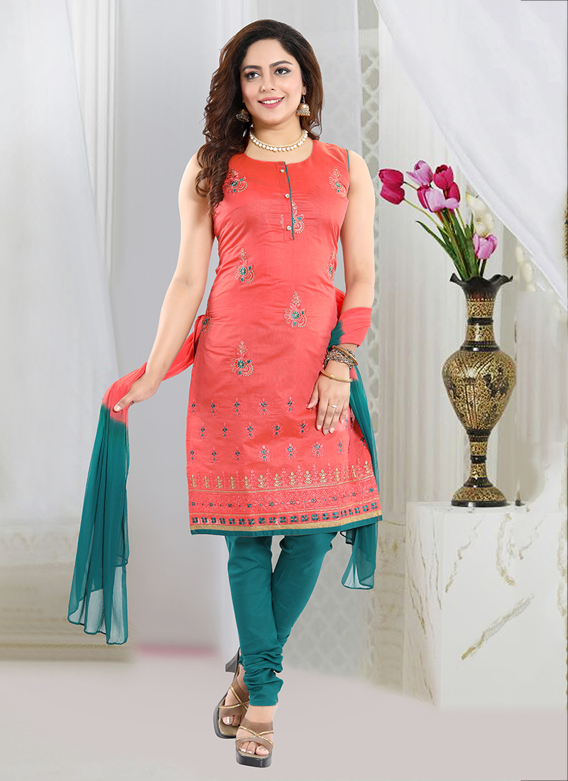 Buy Gajri Chanderi Party Wear Embroidery Work Readymade Churidar Suit ...