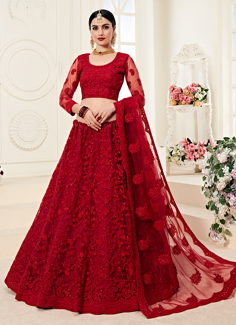 red netted lehenga