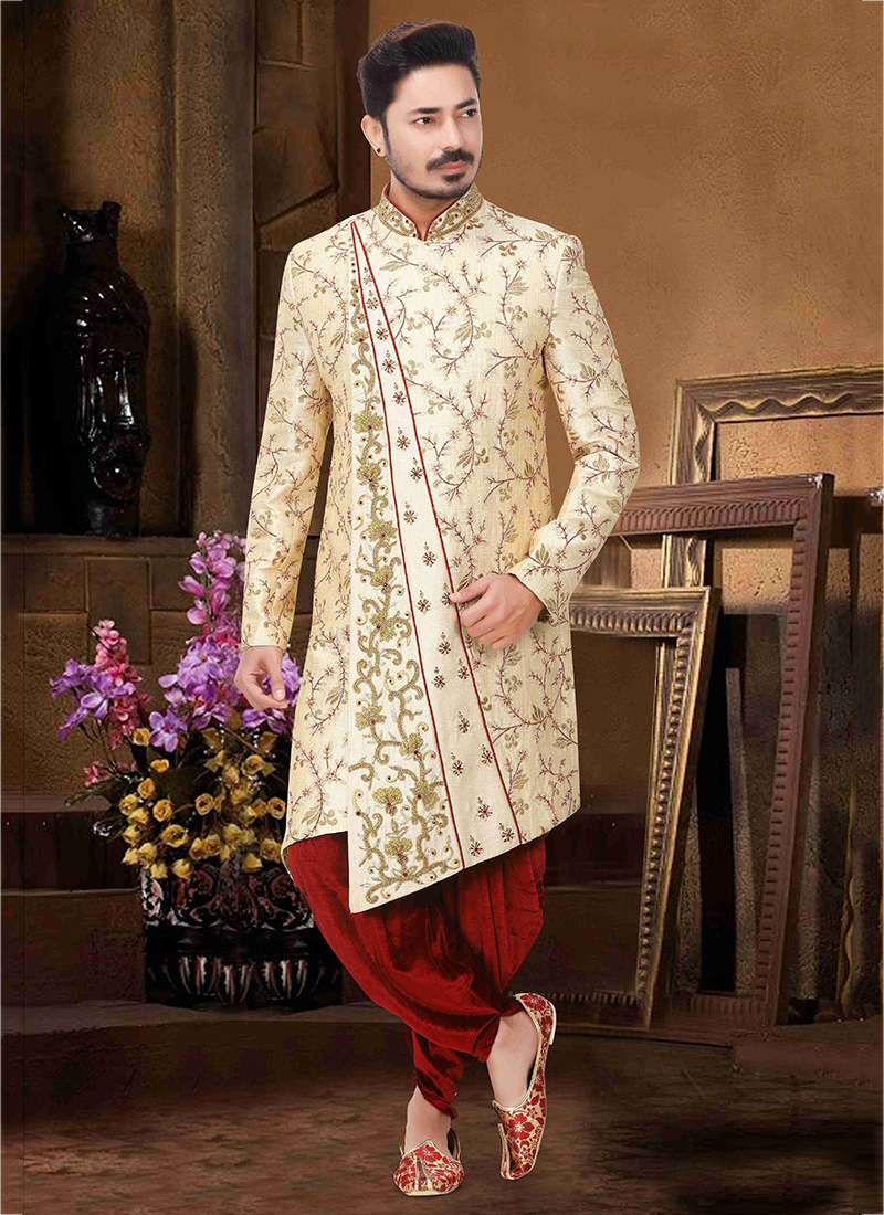 Buy Red And Cream Brocade Wedding Wear Embroidery Work Dhoti Sherwani ...