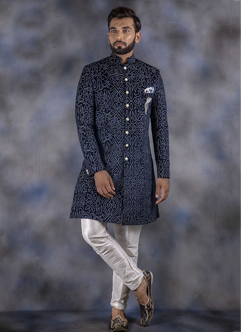 Buy Neavy Blue Imported Wedding Wear Weaving Sherwani Online From ...