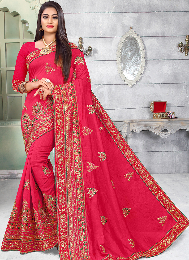 Bollywood Red Saree Vichitra Silk Sari Blouse Indian Designer Wedding Clothing