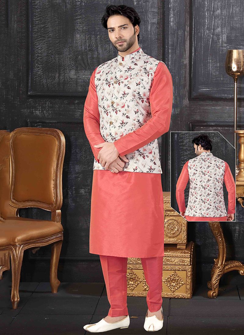 Buy Pink And White Silk Festival Wear Printed Work Kurta Pajama With ...