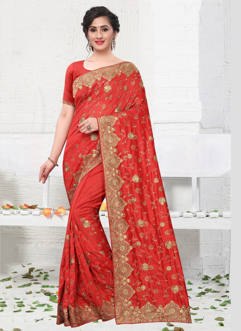 Buy Red Vichitra Silk Wedding Wear Stone Work Saree Online From ...