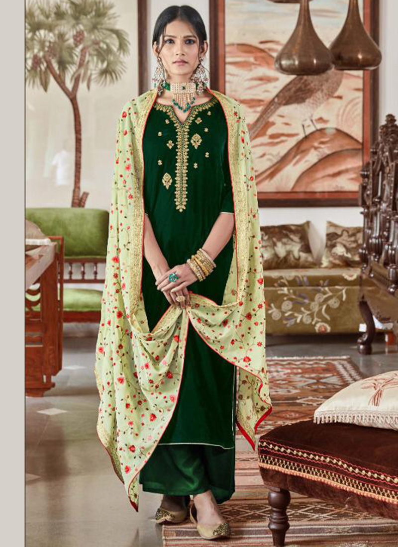 Buy Dark Green Velvet Festival Wear Embroidery Work Palazzo Suit Online ...