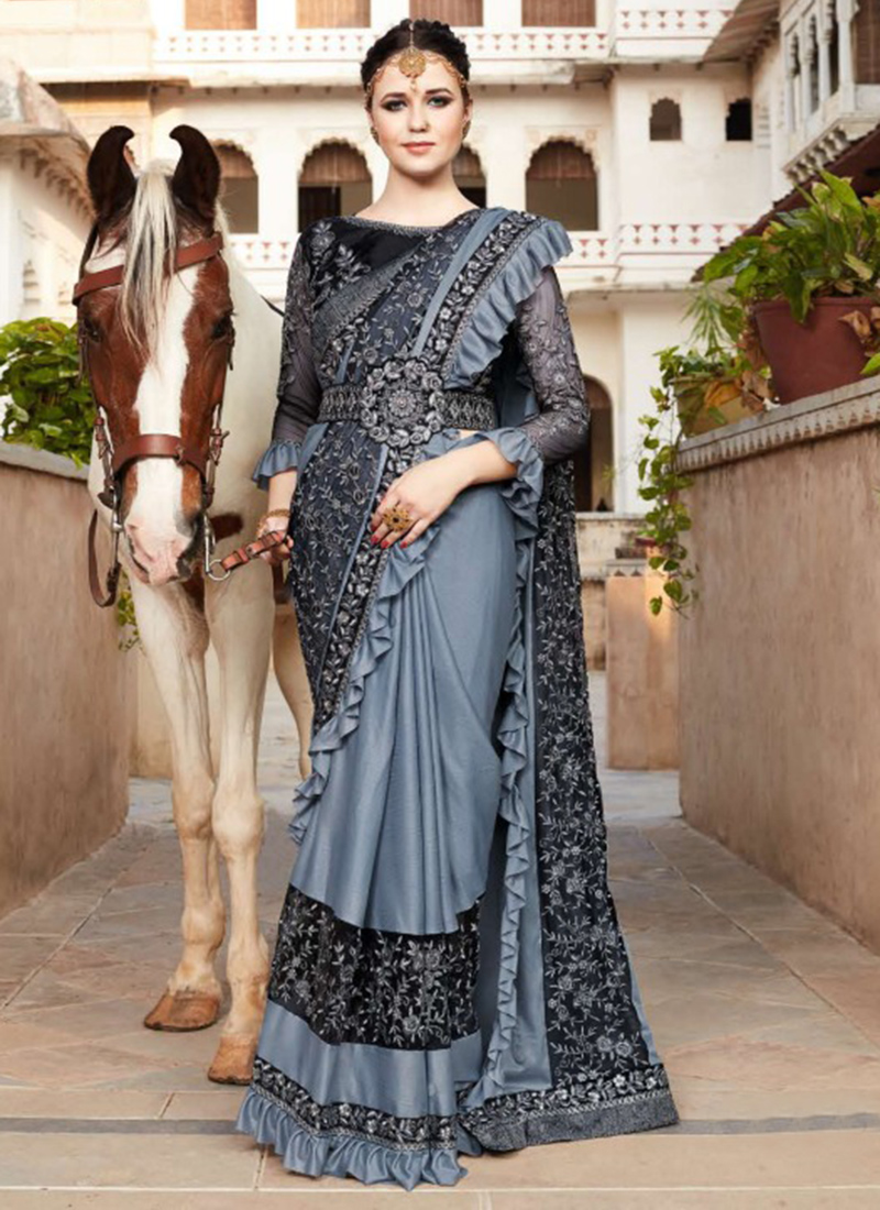 Buy Grey Fancy Party Wear Frill Saree Online From Wholesale Salwar.