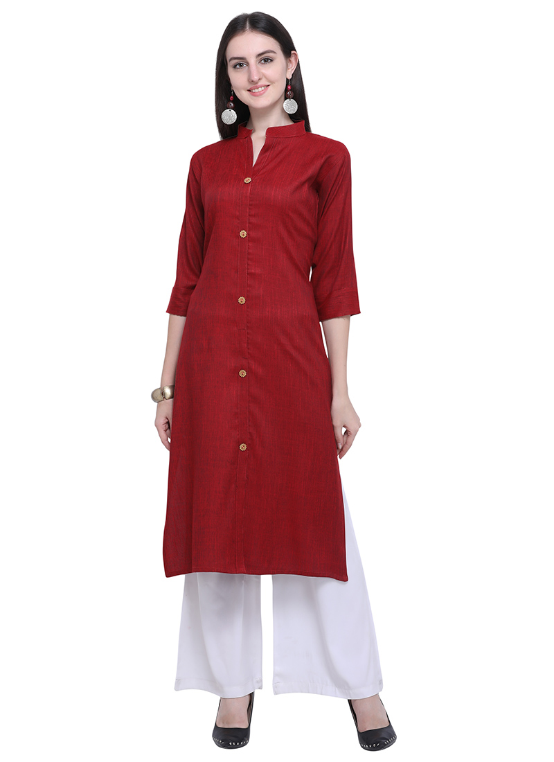 Buy Maroon Rayon Office Wear Plain Kurti With Palazzo Online From ...