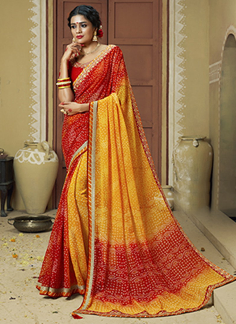 Buy Yellow And Red Dola Silk Festival Wear Zari Embroidery Work Saree ...