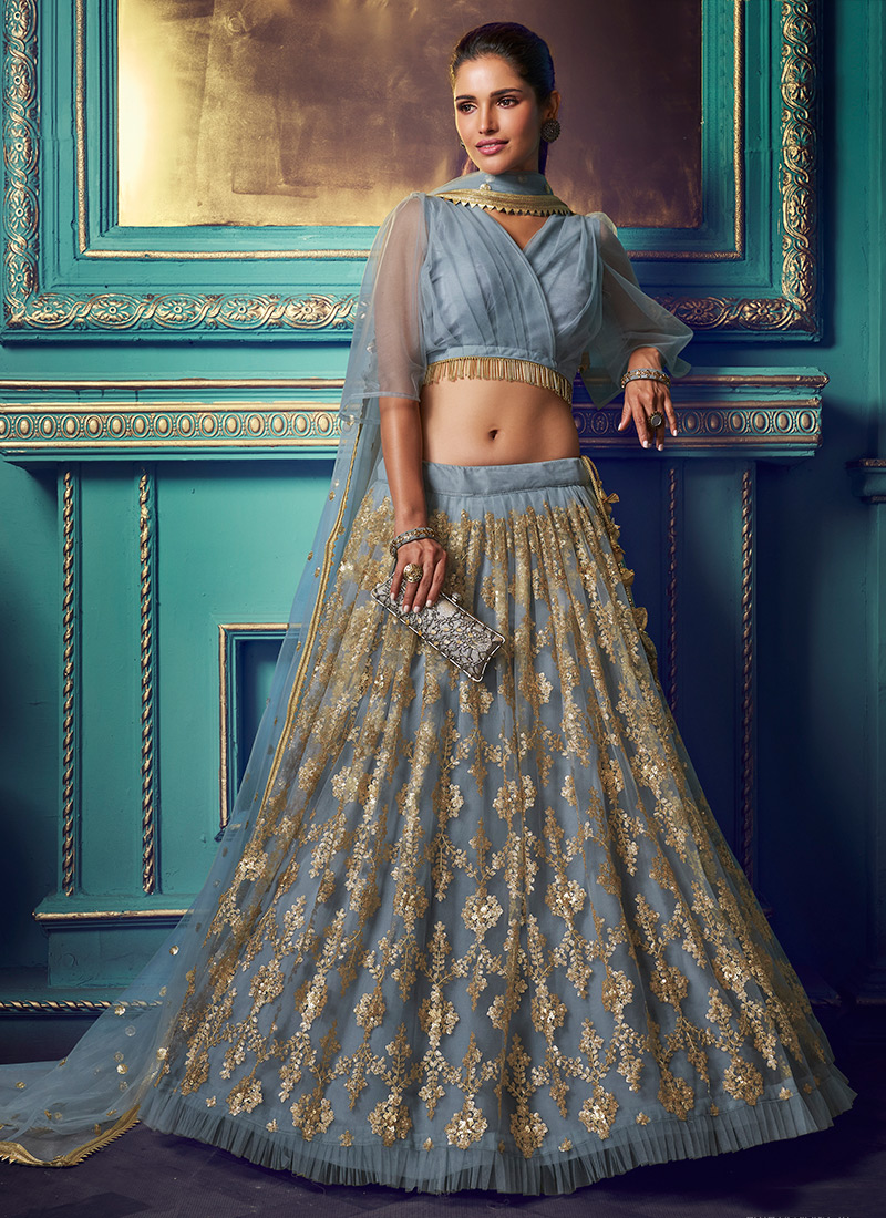 Buy Dark Beige Color Net Fabric Sequins Lehenga Choli Online - LEHV3130 |  Appelle Fashion