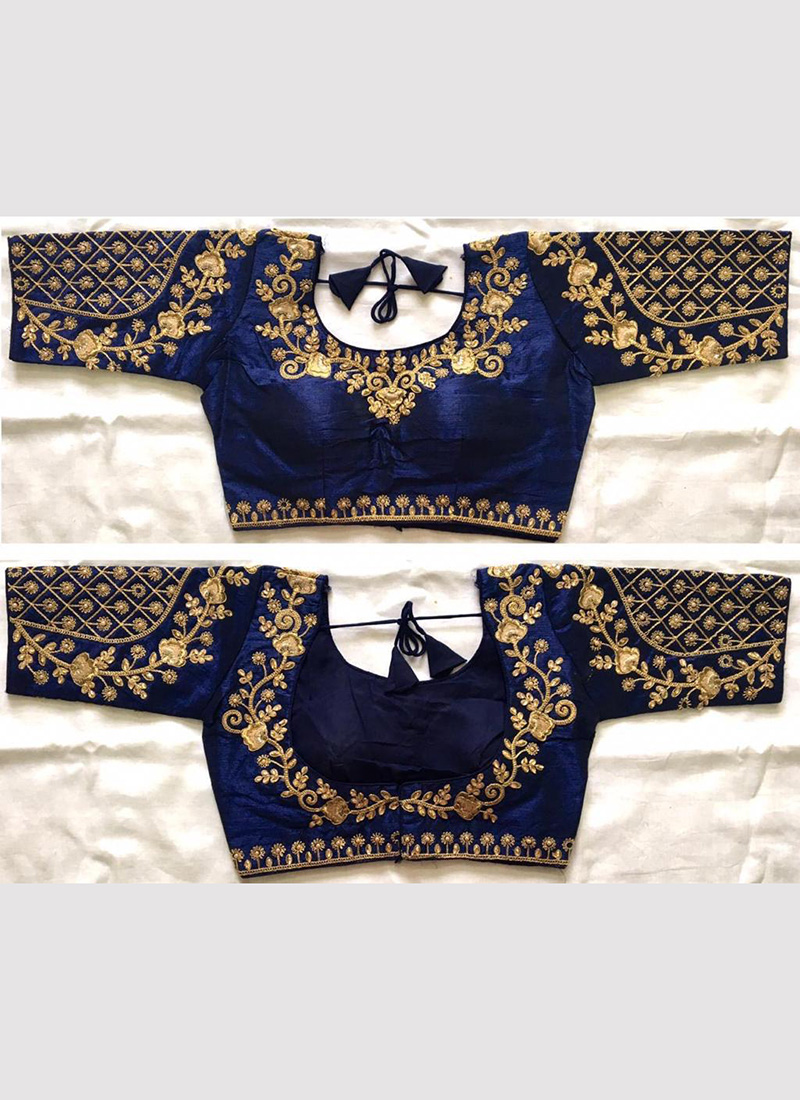 Buy Navy Blue Mulberry Silk Festival Wear Embroidery Work Blouse Online ...