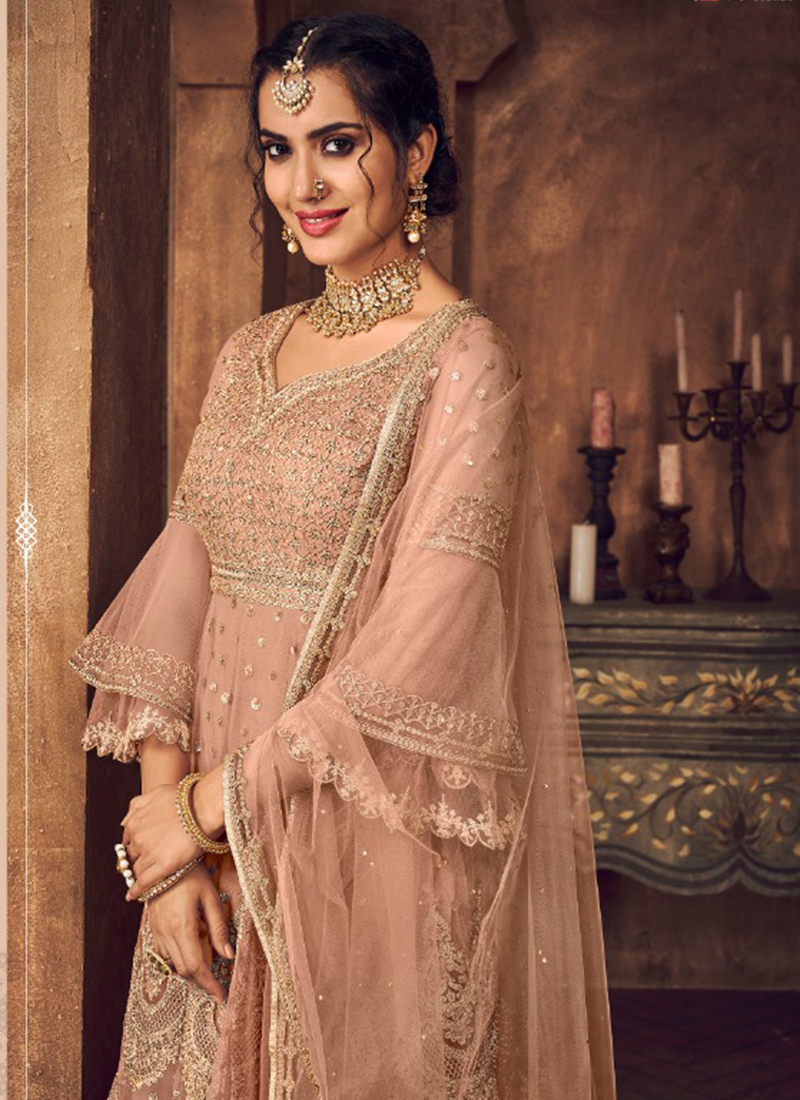 Georgette Burgundy Color Fancy Sharara Suit With Heavy Work