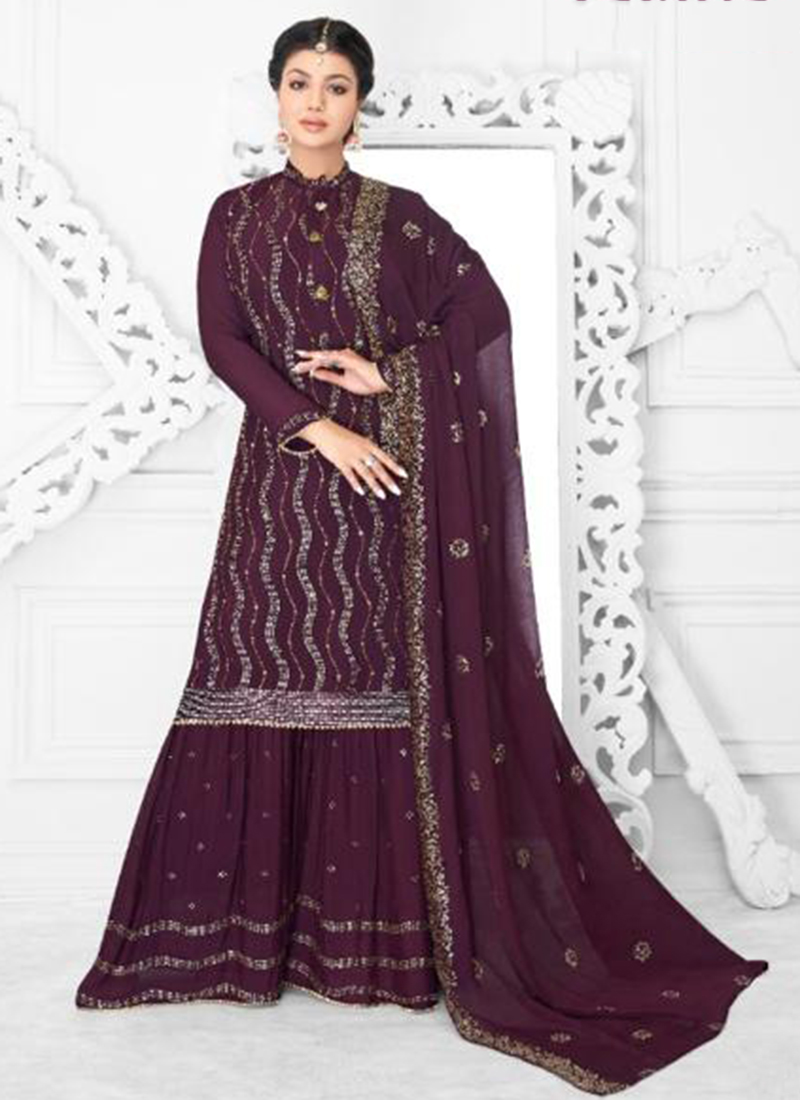 Yellow Georgette Satin Reception Wear Sharara Suit Catalog