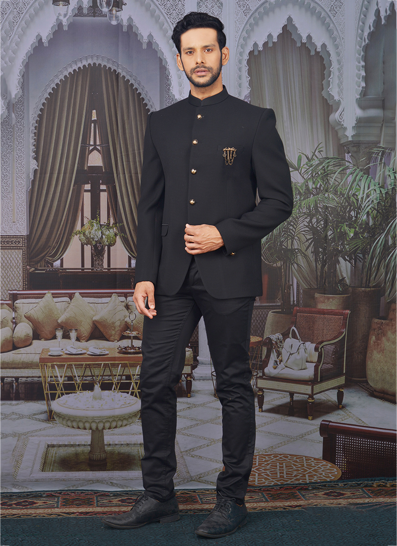 Buy Black Jacquard Party Wear Fancy Pattern Jodhpuri Jacket Online From