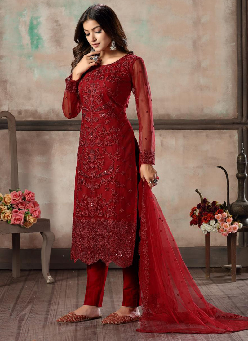 Buy Red Net Festival Wear Sequins Work Churidar Suit Online From ...