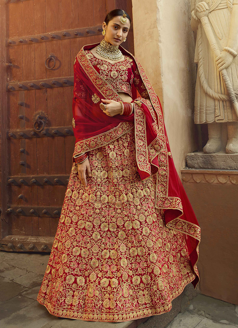 Arya Design Pratha New Designer Pure Velvet Zari And Thread Work Red Lehenga Cholis Collection 