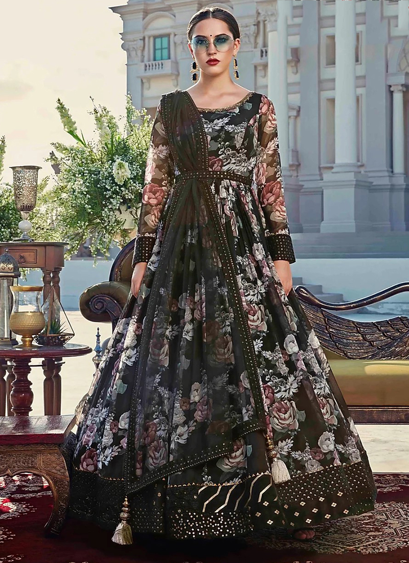 Buy Black Cotton Party Wear Digital Print Gown Online From ...