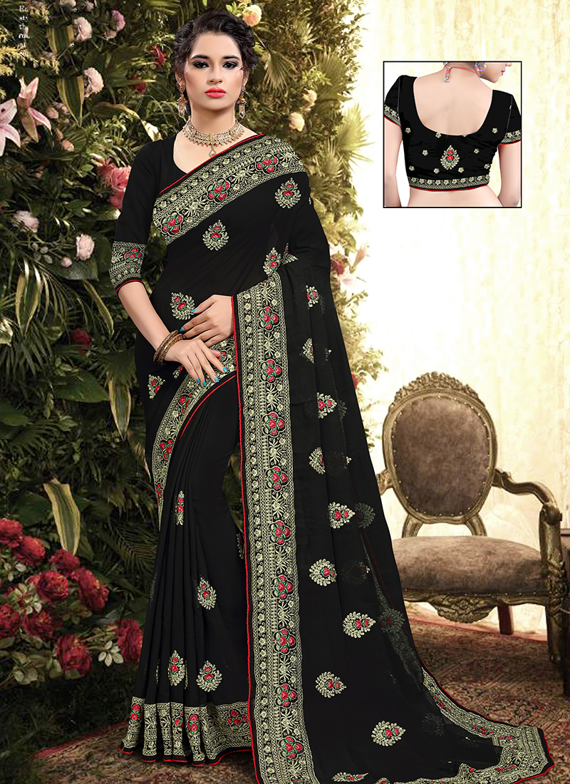 Indian NavyBlue Resham Zari Embroidery Bollywood Sari Georgette Party Wear Saree