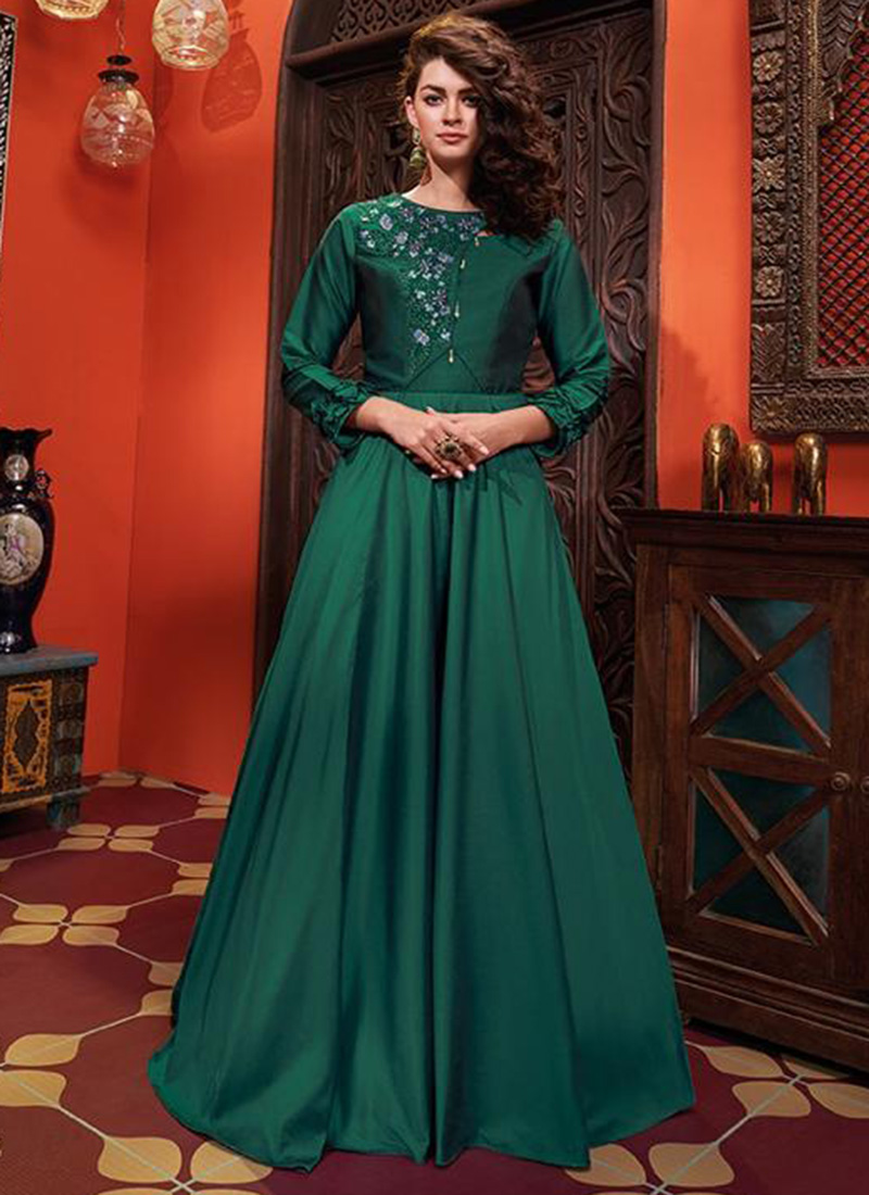 Buy Green Silk Party Wear Embroidery Work Gown Online From Wholesale ...
