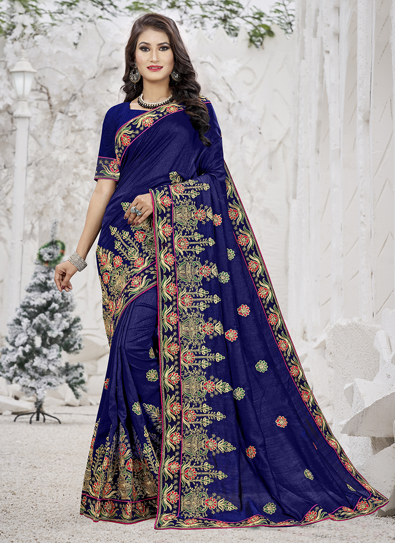 Buy Navy Blue Vichitra Silk Festival Wear Thread Work Saree Online From Wholesale Salwar 