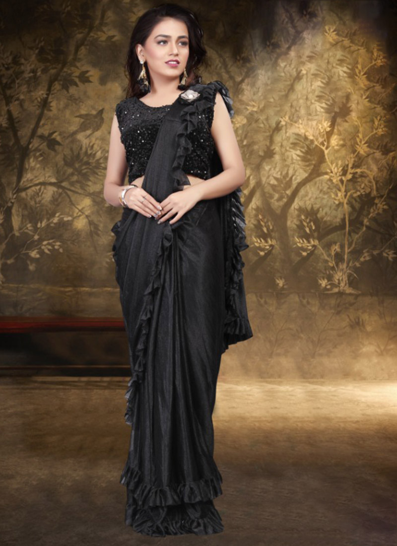 Buy Black Lycra Party Wear Ruffle Saree - black saree look for party