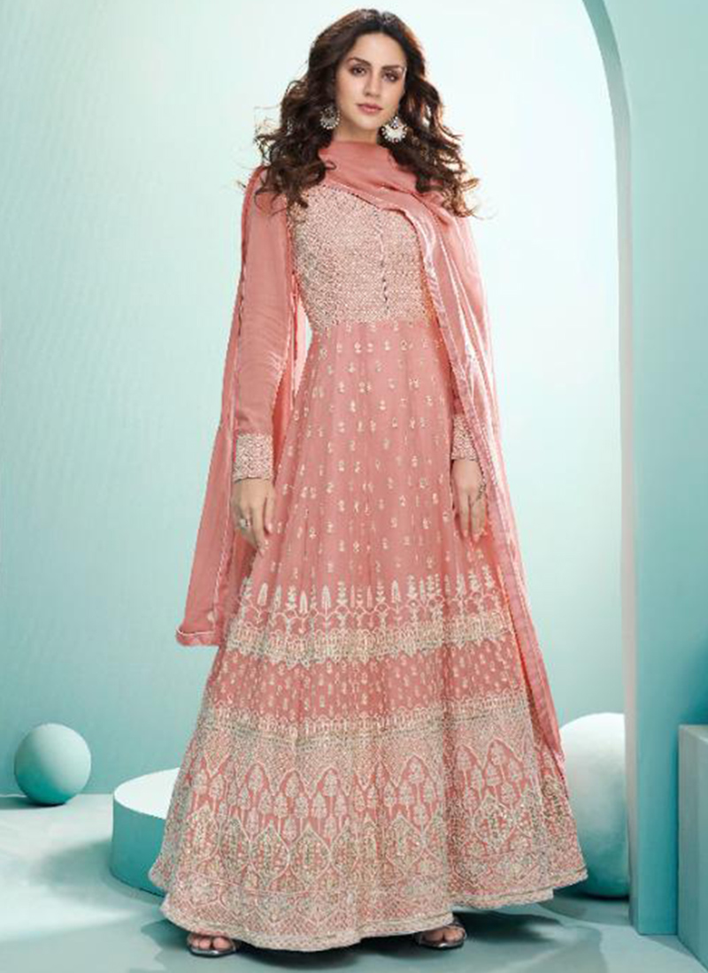 Buy Pink Real Georgette Wedding Wear Embroidery Work Anarkali ...