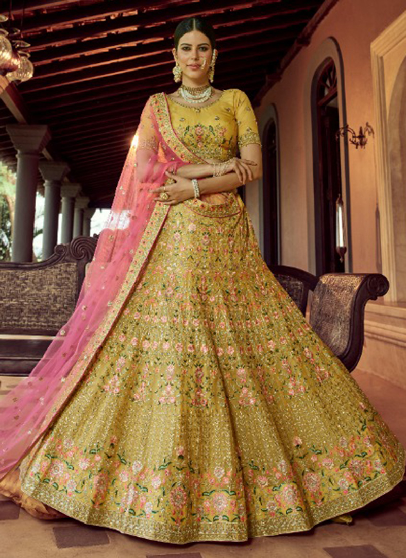 Buy Musterd Organza Wedding Wear Resham Work Lehenga Choli Online From  Wholesale Salwar.