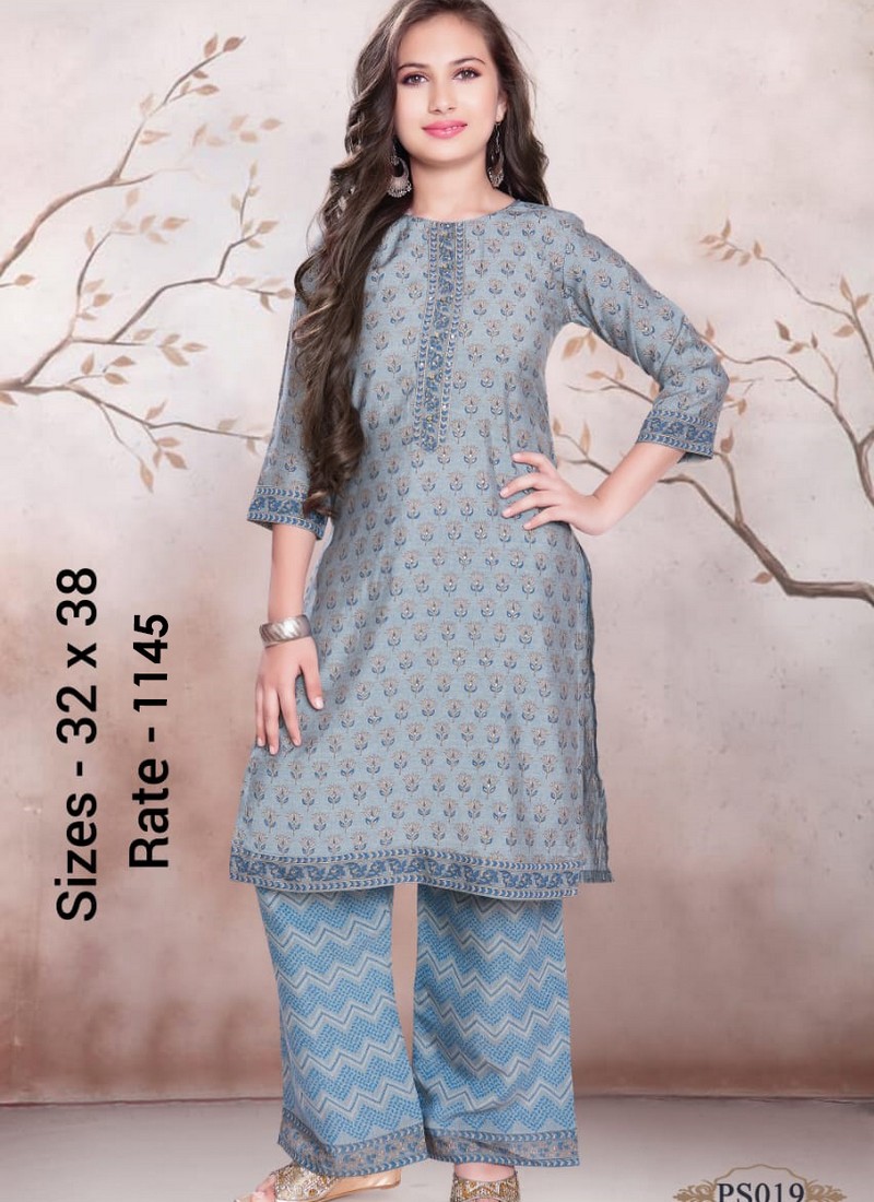 Sky Blue Fancy Printed Kurtis With Pants (Set Of 4 pcs) Catalog