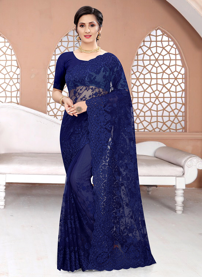 Deep cove blue Saree in Net with Stone with moti - SR18033