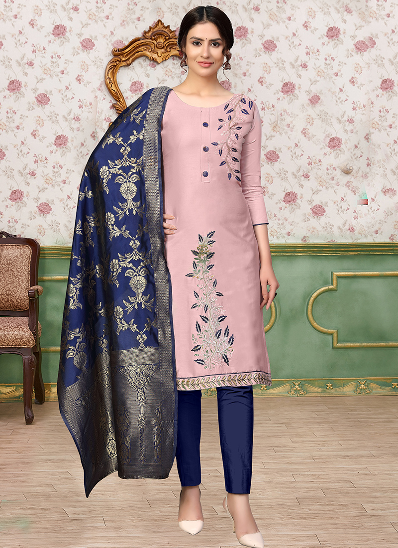 Buy Violet Glace Cotton Daily Wear Embroidery Work Churidar Suit