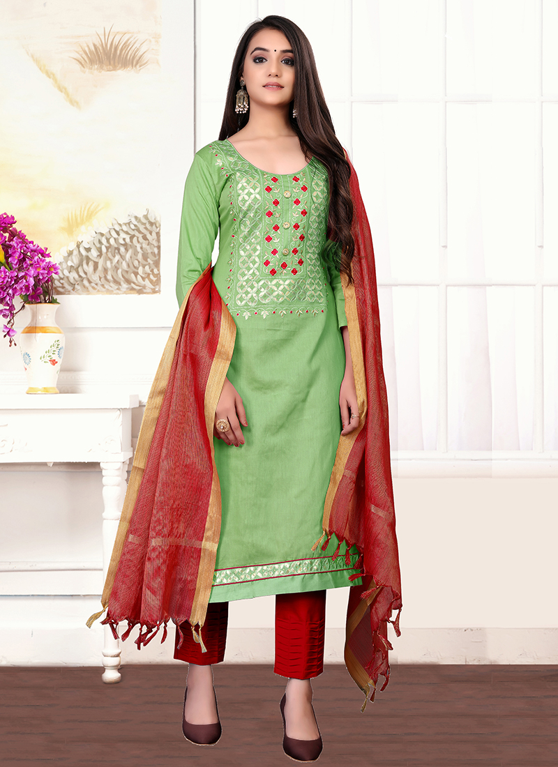 Buy Green Glace Cotton Daily Wear Hand Work Churidar Suit ...