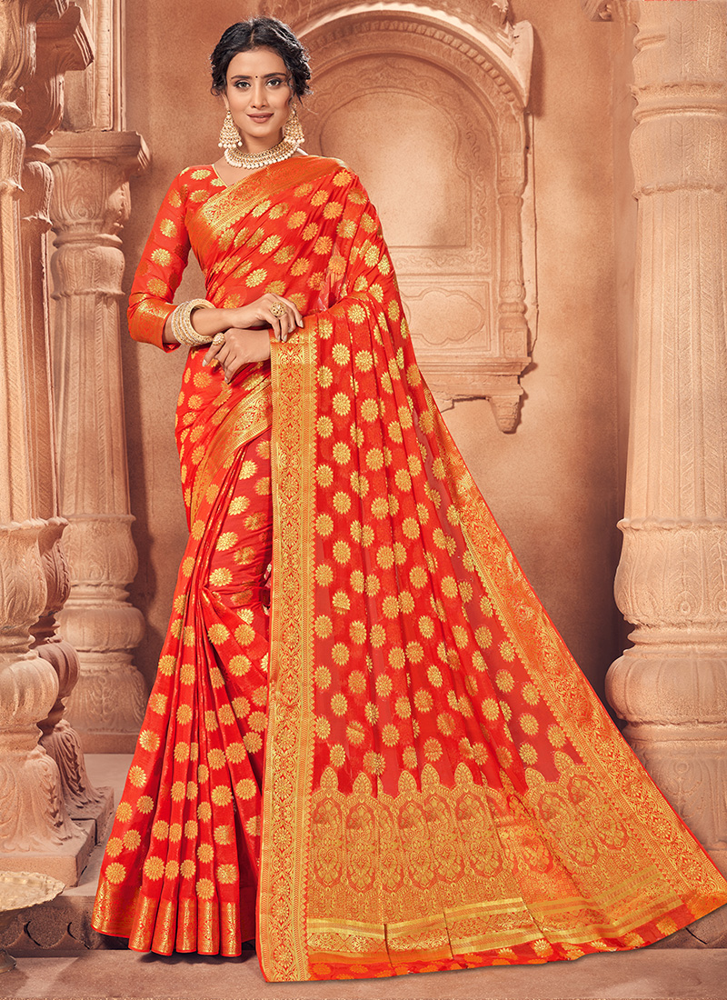 Orange Chiffon Printed Fancy Lace Border Saree for Women – Stilento