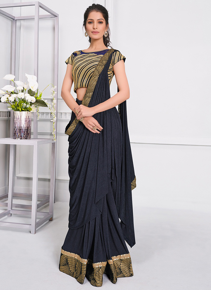 Buy Party Wear Navy Blue Sequins Work Lycra Saree Online From